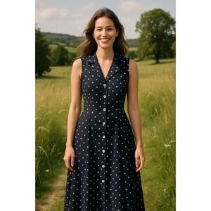 Vintage 90s Black Polka‎ Dot Sleeveless Maxi Dress Button Front Collared Church